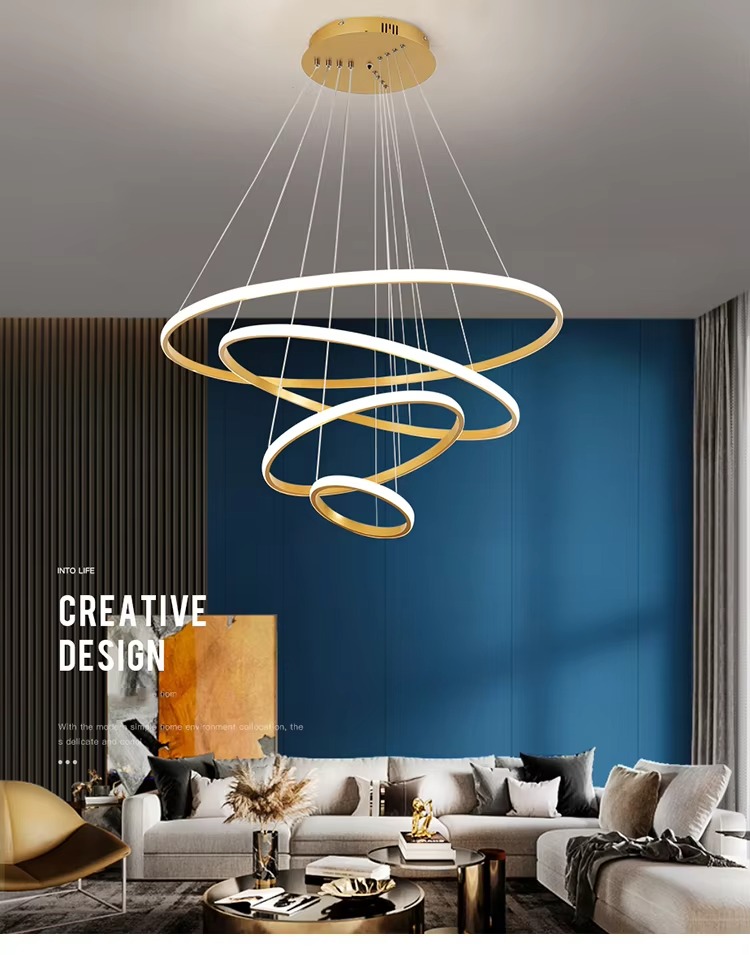 Gold 4-Ring Round Height Adjustable Dining Room Dining Table Office Kitchen Hotel Hanging LED lamp - Image 2