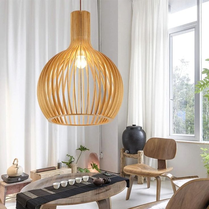 Wood Pendant Lighting, Semi Globe Modern Ceiling Light Fixture for Kitchen Island Dining Room Living Room (21.6") - Image 2
