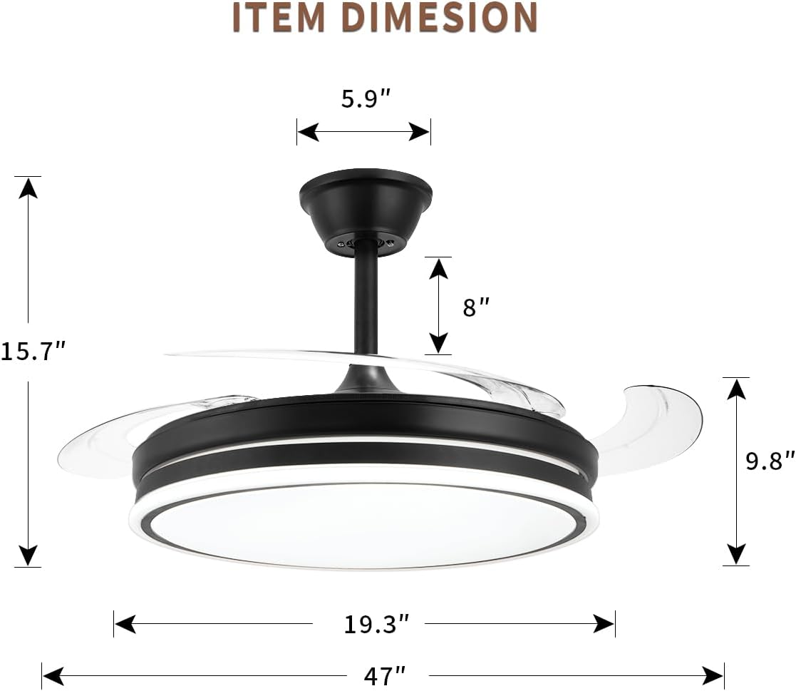 Retractable Chandelier Ceiling Fan 6 Speed Black Fandelier Ceiling Fan Light - Image 5