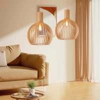 Wood Pendant Lighting, Semi Globe Modern Ceiling Light Fixture for Kitchen Island Dining Room Living Room (21.6")