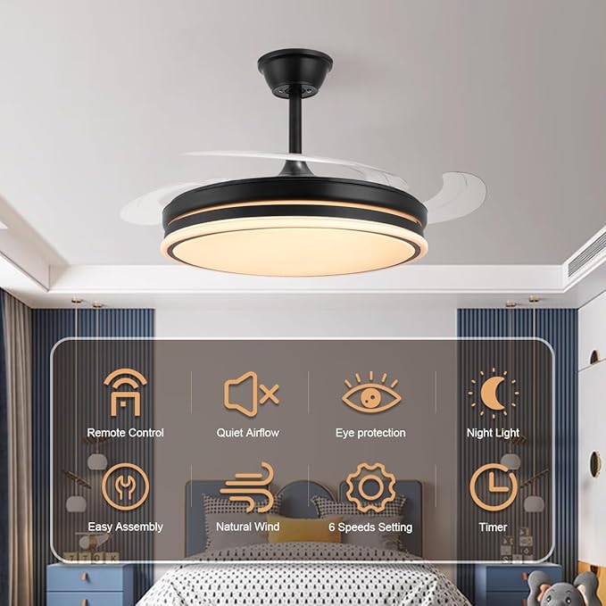 Retractable Chandelier Ceiling Fan 6 Speed Black Fandelier Ceiling Fan Light - Image 3