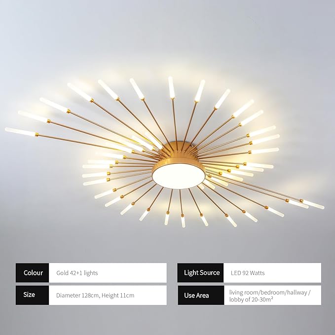 Modern Flush Mount Metal Acrylic Sputnik Firework Petal LED Lighting Fixture (Matte Gold, 28 Lights) - Image 5