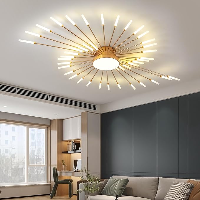 Modern Flush Mount Metal Acrylic Sputnik Firework Petal LED Lighting Fixture (Matte Gold, 28 Lights) - Image 2