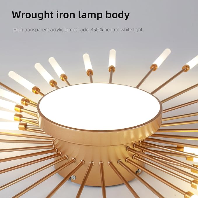 Modern Flush Mount Metal Acrylic Sputnik Firework Petal LED Lighting Fixture (Matte Gold, 28 Lights) - Image 3