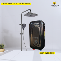 Black Cesium Tankless Instant Hot Shower with Pump + Grey Rainshower