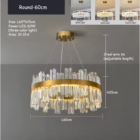 Light Luxury Crystal Showroom Scandinavian Gold Round LED Crystal Chandelier 60cm - Image 2