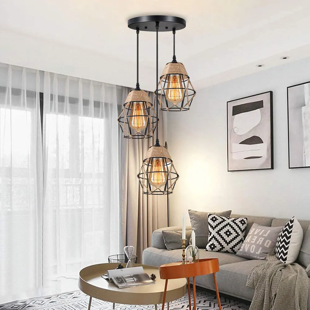 Stylish and practical restaurant bar chandelier black B&B clothing store lamp E27 pendant light iron with hemp rope Rustic Style