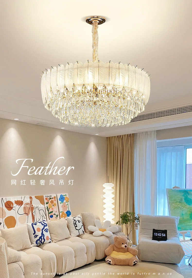 Light luxury cream style living room showroom crystal pendant light designer dining room feather chandelier