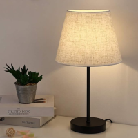 Bedside Table Lamp with Desk Lamps with Linen Fabric Shades and Black Metal Frame