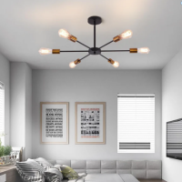 Modern Black & Gold iron 6 long pole Sputnik Chandelier