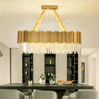800mm Crystal Rod LED Chandelier Contemporary Gold Drum/Ellipse Dining Room Hanging Light Kit