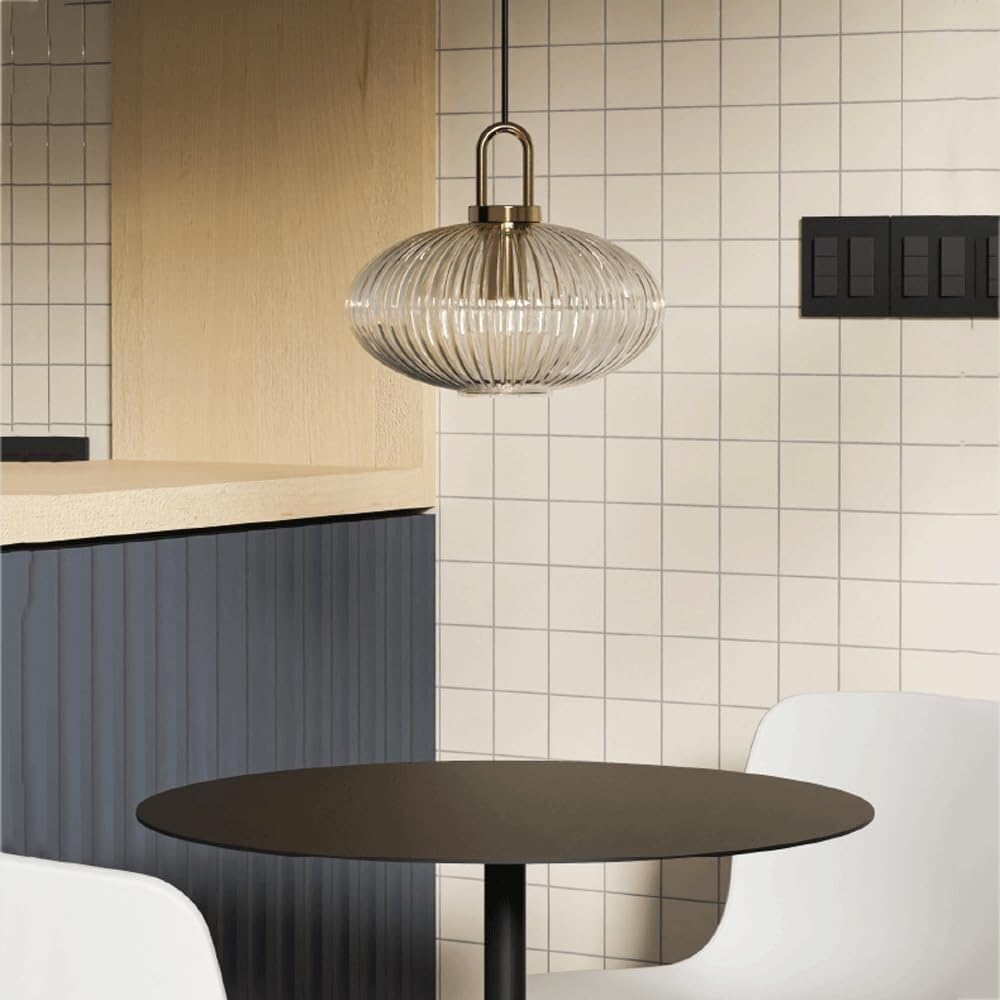 Debbte Industrial Vintage Pendant Lighting with Ribbed Glass Lamp Shade and Bronze Finish, (Transparent, 11.8")