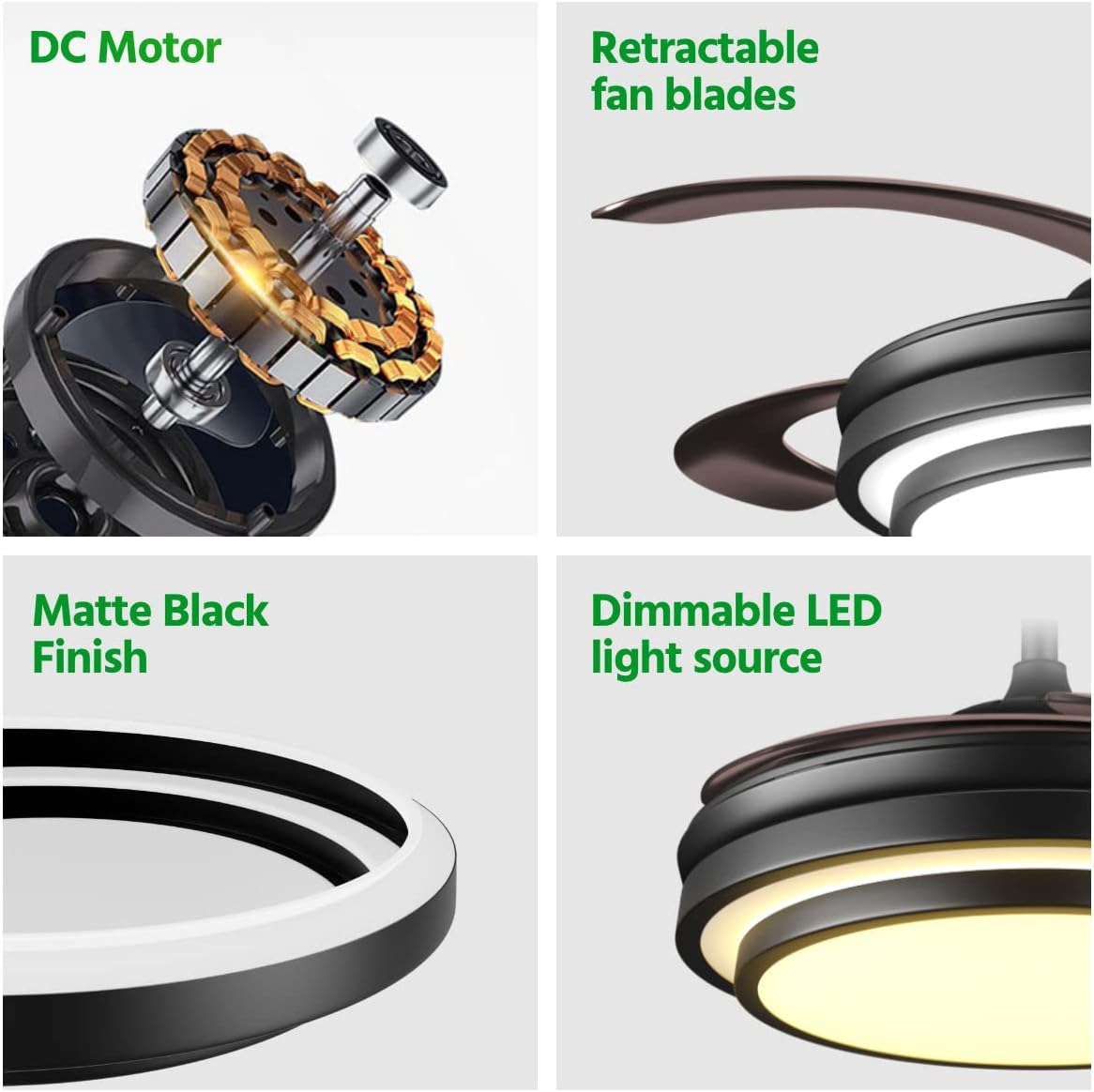 Retractable Chandelier Ceiling Fan 6 Speed Black Fandelier Ceiling Fan Light - Image 7