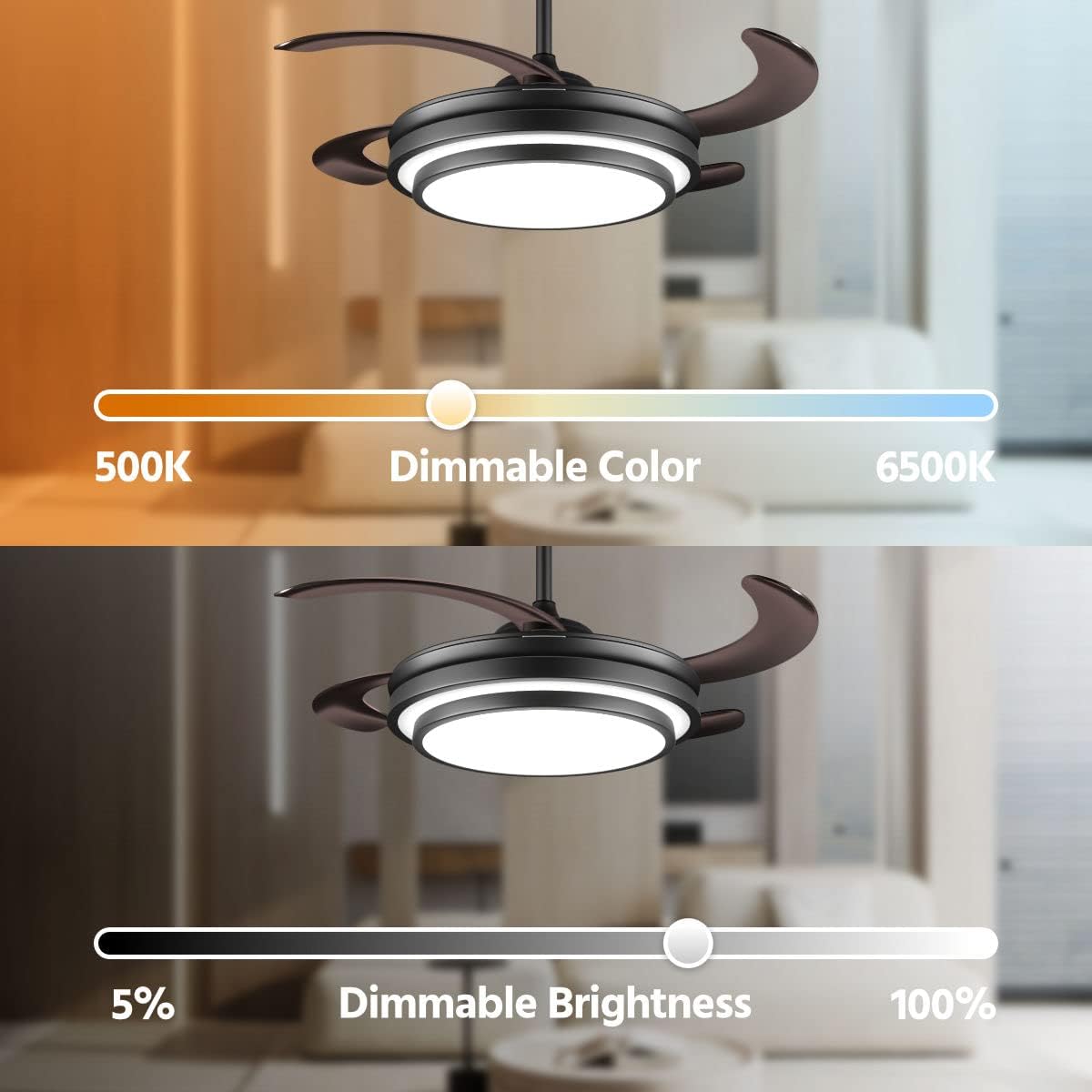 Retractable Chandelier Ceiling Fan 6 Speed Black Fandelier Ceiling Fan Light - Image 6