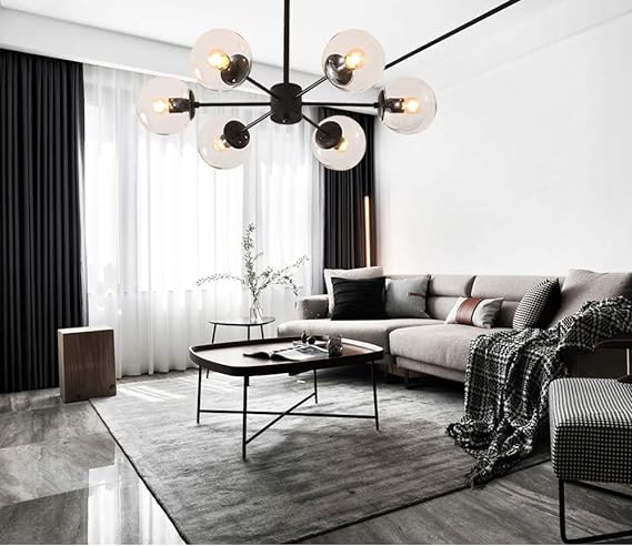 Glass Globe Chandelier,E27 Modern Industrial Vintage Light Fixture for Living Room Restaurant Bedroom Ceiling Light Black 6 Light - Image 3