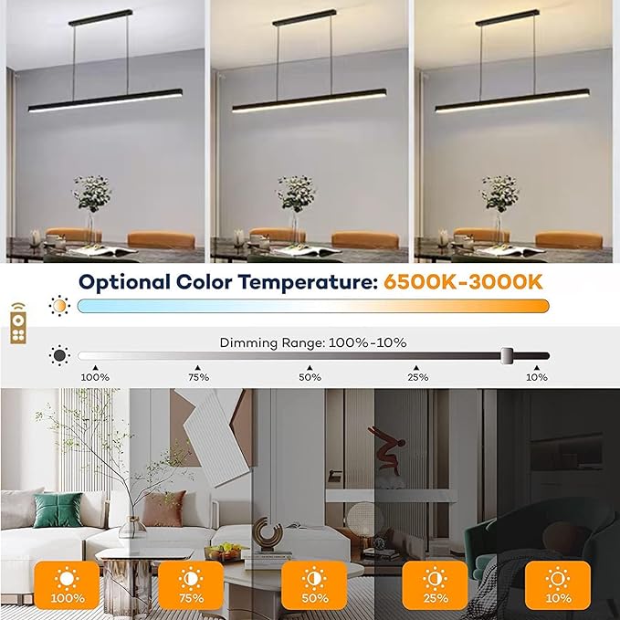 Linear LED Island Chandelier, Dining Room Hanging Lighting Fixtures, Kitchen Island Billiard Room Office Bar Hanging Light 100m,Black) - Image 6