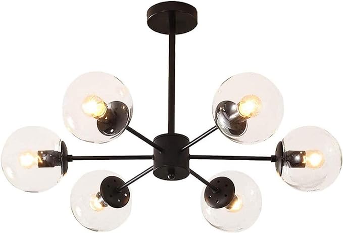 Glass Globe Chandelier,E27 Modern Industrial Vintage Light Fixture for Living Room Restaurant Bedroom Ceiling Light Black 6 Light - Image 4