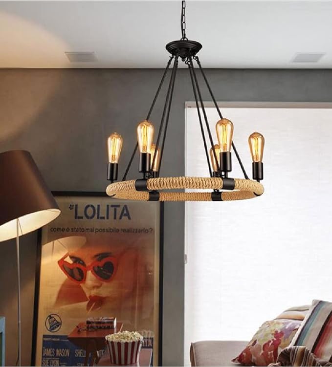 Retro Style Jute Rope Hemp Round Chandelier 6 Heads Pendant Hanging Island Fixture Ceiling Lamp - Image 2
