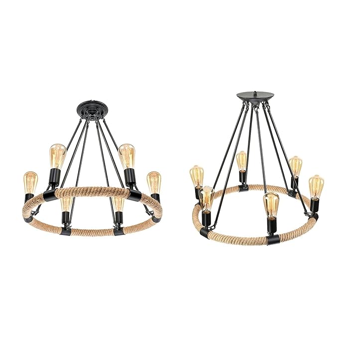 Retro Style Jute Rope Hemp Round Chandelier 6 Heads Pendant Hanging Island Fixture Ceiling Lamp - Image 3