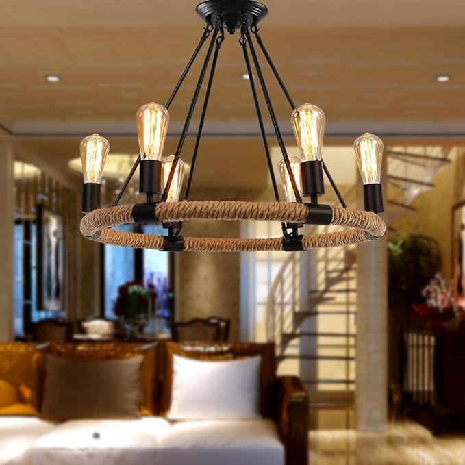 Retro Style Jute Rope Hemp Round Chandelier 6 Heads Pendant Hanging Island Fixture Ceiling Lamp - Image 4