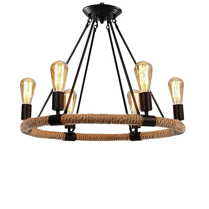 Retro Style Jute Rope Hemp Round Chandelier 6 Heads Pendant Hanging Island Fixture Ceiling Lamp - Image 5
