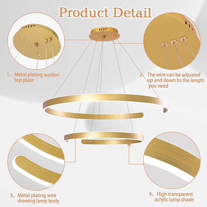 2 Circular Rings LED Chandeliers Fixture | Adjustable Ceiling Hanging Lamp - Image 4