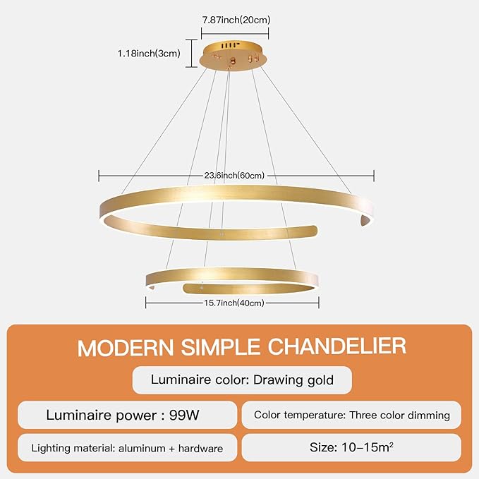 2 Circular Rings LED Chandeliers Fixture | Adjustable Ceiling Hanging Lamp - Image 5