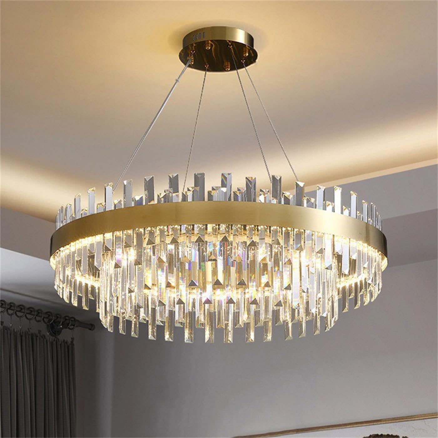 Modern Crystal Chandelier for Dining Room,Brass Gold Round Crystal Raindrop Chandelier, Large 2-Tiers K9 Crystal Pendant Light Fixture for Entryway Foyer Living Room Bedroom - Image 7