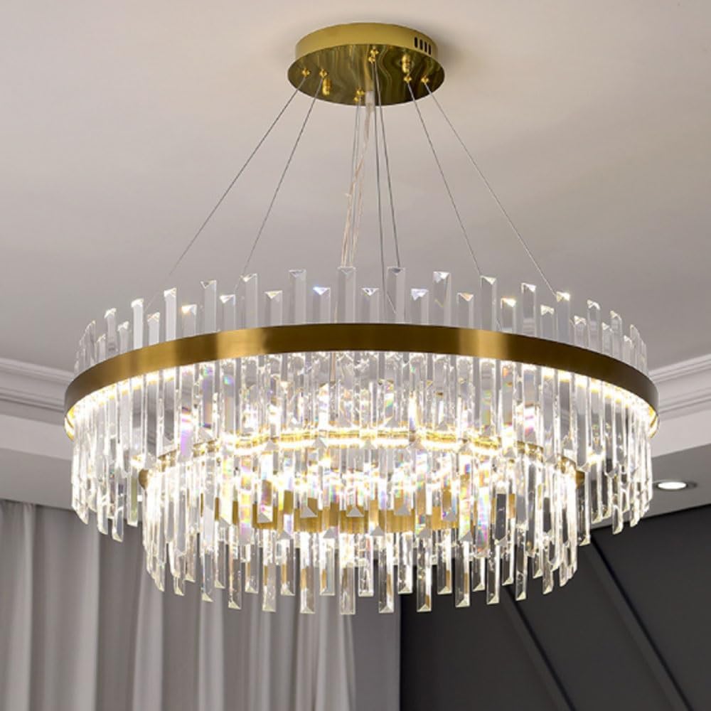 Modern Crystal Chandelier for Dining Room,Brass Gold Round Crystal Raindrop Chandelier, Large 2-Tiers K9 Crystal Pendant Light Fixture for Entryway Foyer Living Room Bedroom - Image 4