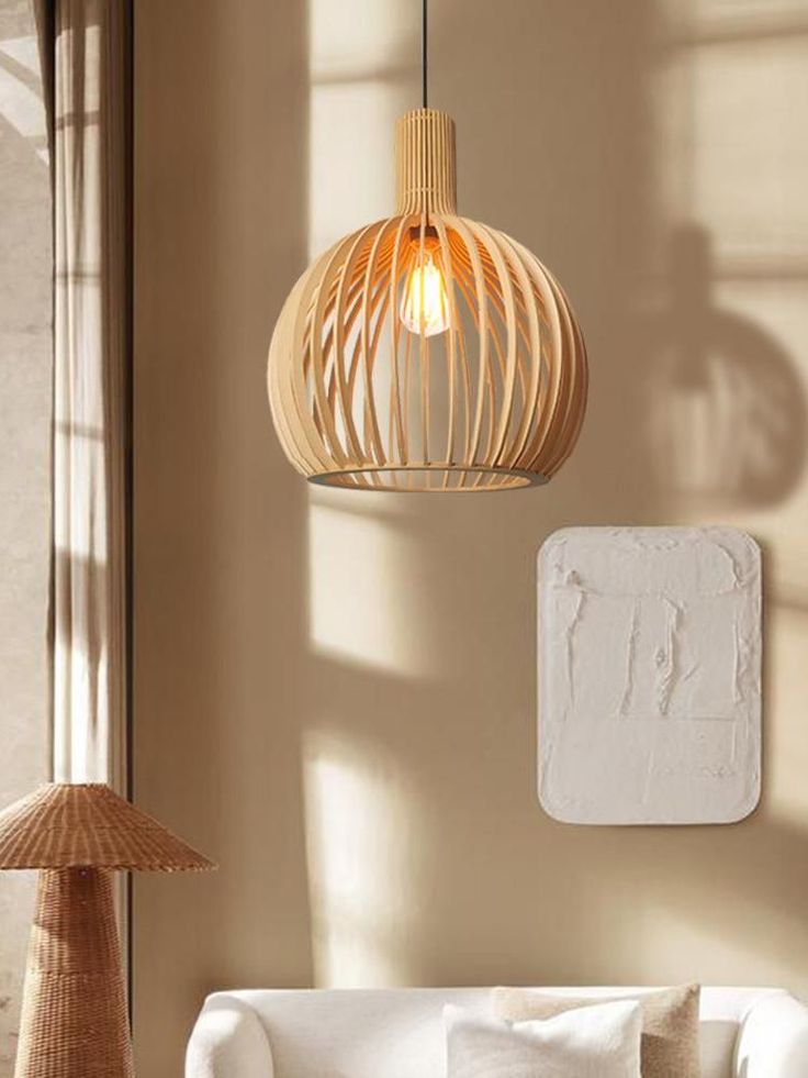 Wood Pendant Lighting, Semi Globe Modern Ceiling Light Fixture for Kitchen Island Dining Room Living Room (21.6") - Image 3