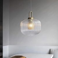 Modern Ribbed Clear Glass Pendant Light Metal Cage Industrial Hanging Lamp E27 Gold