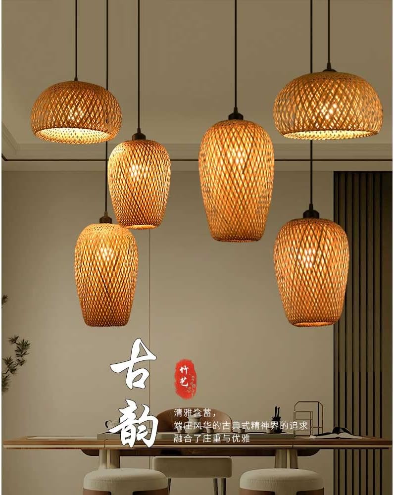 Natural Wicker Hanging Lamp Chinese Restaurant Industrial Chandelier Geometric Bamboo Hollow Pendant Lamp Rustic Ceiling Hanging Light for Kitchen Island Bedroom Dining Room Hallway Sharing - Image 5