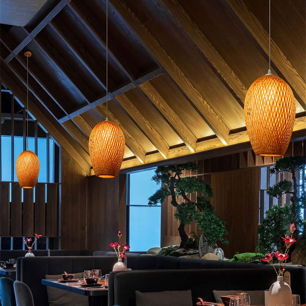 Natural Wicker Hanging Lamp Chinese Restaurant Industrial Chandelier Geometric Bamboo Hollow Pendant Lamp Rustic Ceiling Hanging Light for Kitchen Island Bedroom Dining Room Hallway Sharing - Image 2