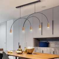 Modern Geometric Lines Pendant Light Arched Shape with Adjustable Height, Metal Chandelier