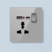 13A Single Socket Grey Tempered Glass Panel Switch with USB + TYPE C Charging Port