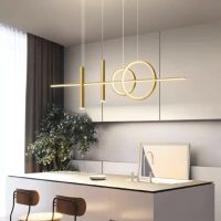 Gold LED dining pendant light with 2 drop light