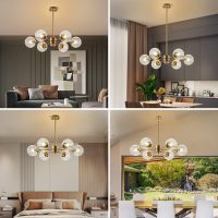 Mid Century Sputnik Chandelier, 6-Light, Clear Glass Globe Shades, Antique Gold Brass Finish, Flush Mounted Ceiling Pendant Light