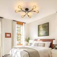 Sputnik Ceiling Lights 6 Lights Flat Black and Gold Curved Shape Sputnik Pendant Light Industrial Metal Semi-flush Ceiling Lights for Bedroom, Dining Room, Living Room, Kitchen