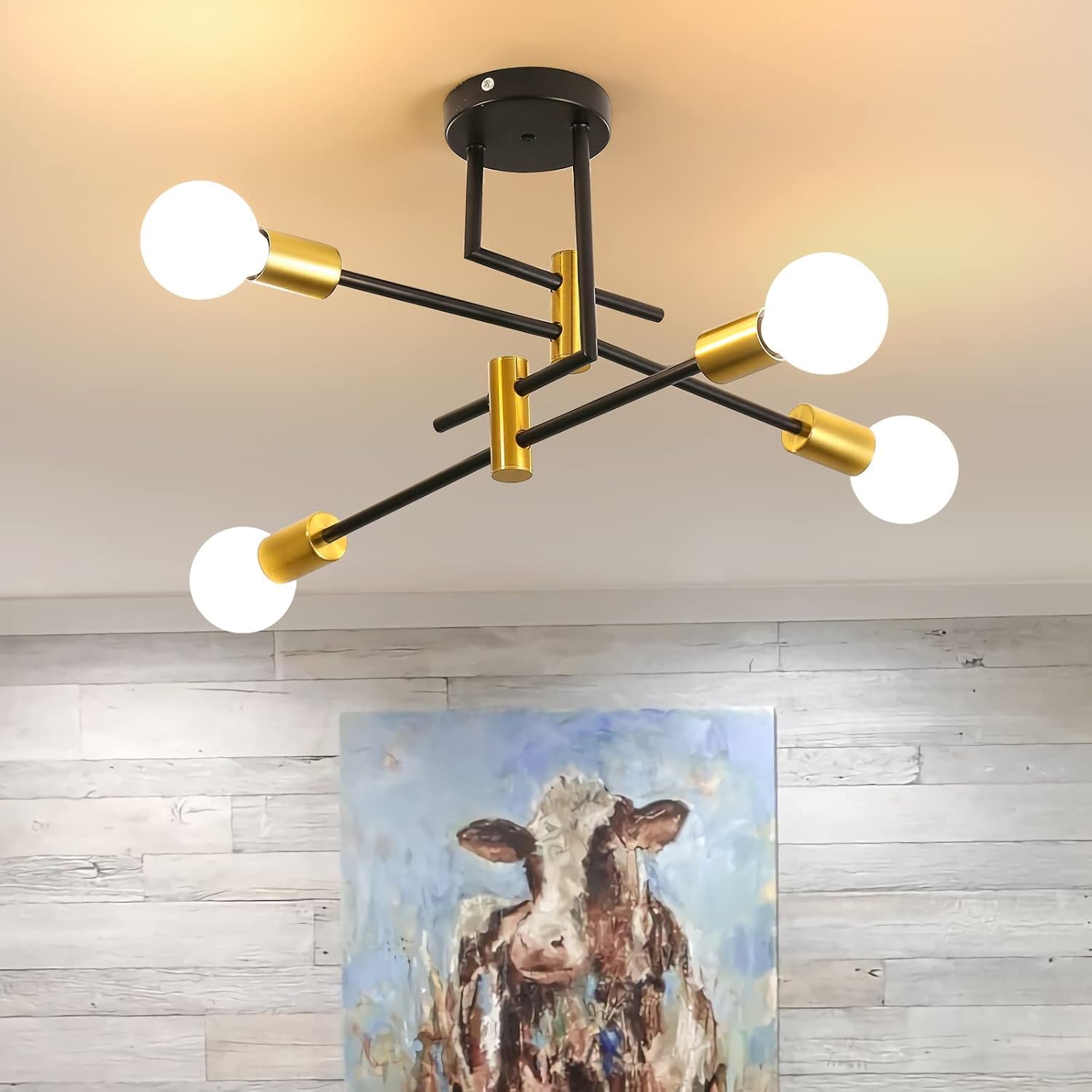 4 Lights Flat Black and Gold Modern Sputnik Chandelier Ceiling Lights, E26 Industrial Metal Semi-Flush Mount Ceiling Light for Bedroom, Dining Room, Living Room, Kitchen - Image 8