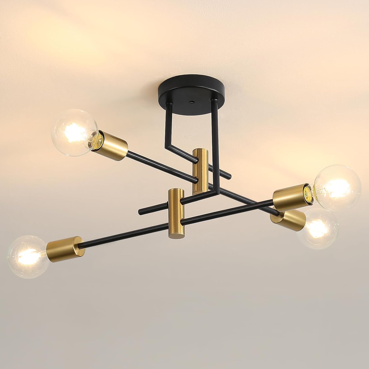 4 Lights Flat Black and Gold Modern Sputnik Chandelier Ceiling Lights, E26 Industrial Metal Semi-Flush Mount Ceiling Light for Bedroom, Dining Room, Living Room, Kitchen - Image 7