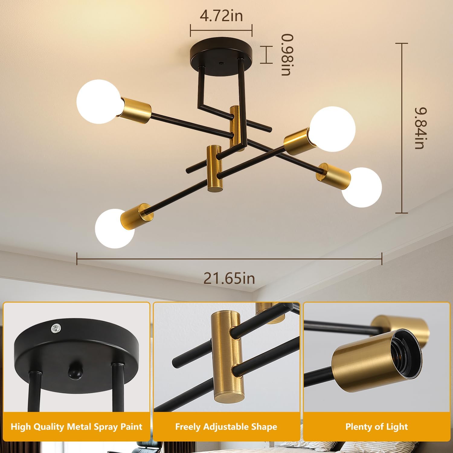 4 Lights Flat Black and Gold Modern Sputnik Chandelier Ceiling Lights, E26 Industrial Metal Semi-Flush Mount Ceiling Light for Bedroom, Dining Room, Living Room, Kitchen - Image 6