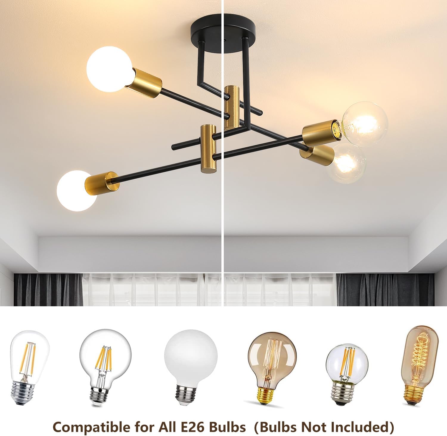 4 Lights Flat Black and Gold Modern Sputnik Chandelier Ceiling Lights, E26 Industrial Metal Semi-Flush Mount Ceiling Light for Bedroom, Dining Room, Living Room, Kitchen - Image 5
