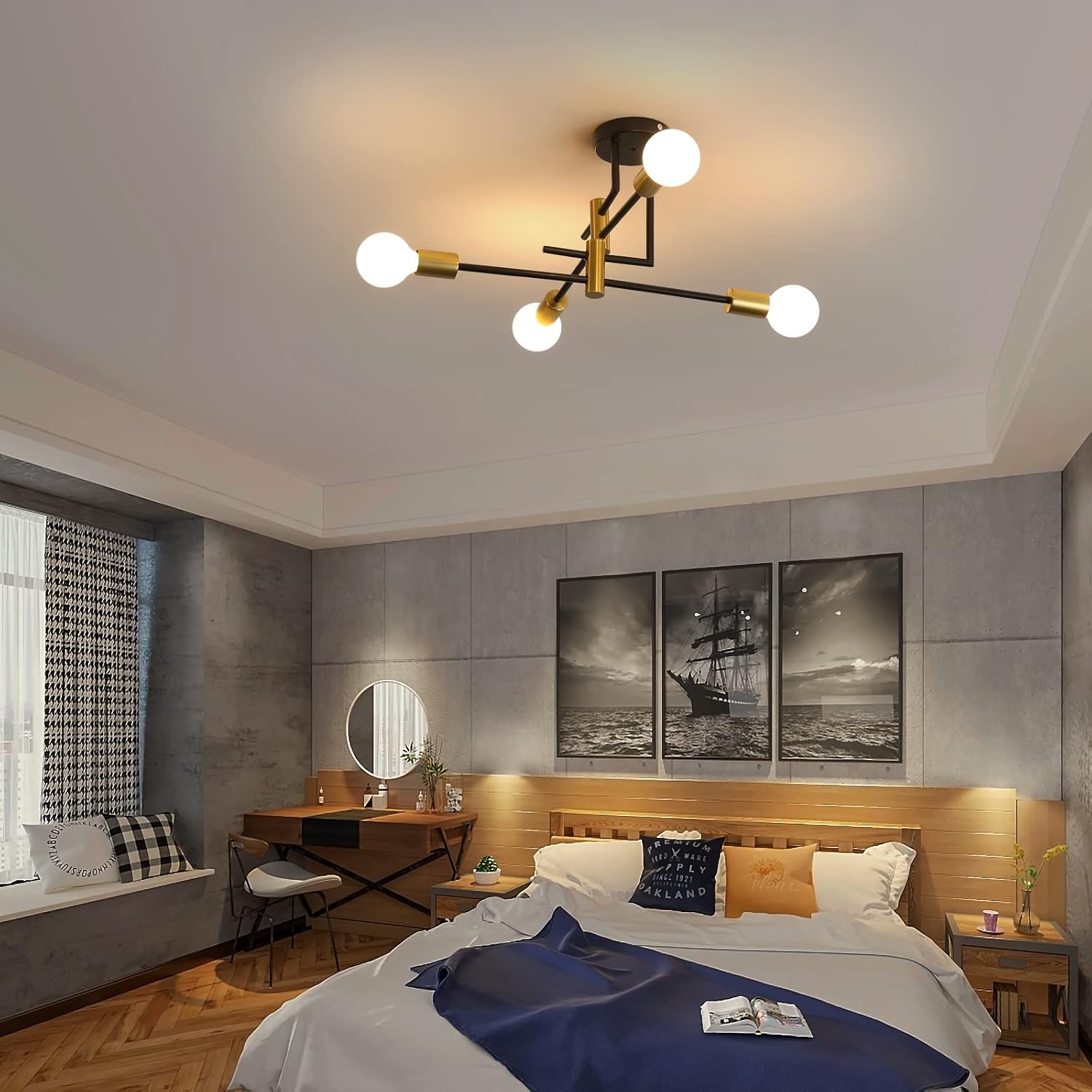 4 Lights Flat Black and Gold Modern Sputnik Chandelier Ceiling Lights, E26 Industrial Metal Semi-Flush Mount Ceiling Light for Bedroom, Dining Room, Living Room, Kitchen - Image 3