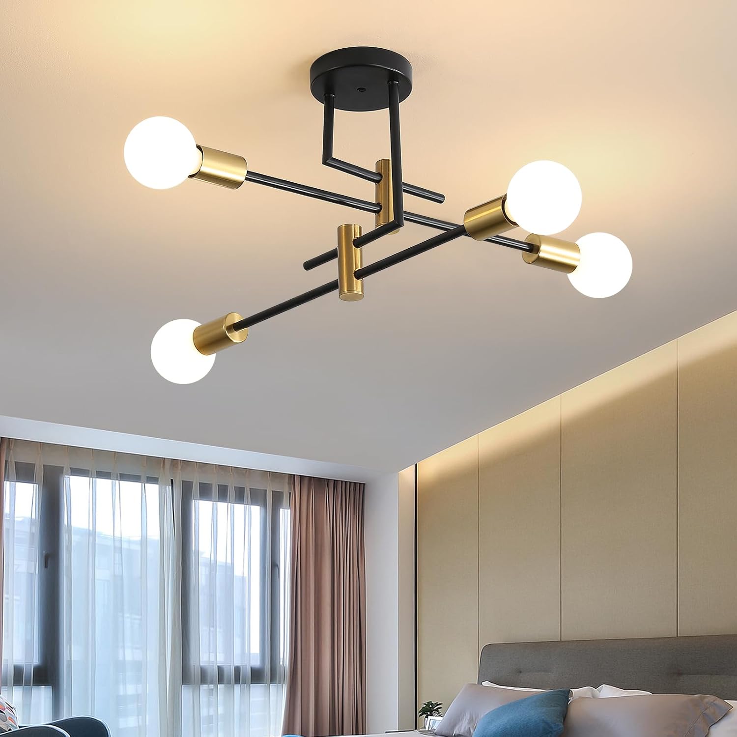 4 Lights Flat Black and Gold Modern Sputnik Chandelier Ceiling Lights, E26 Industrial Metal Semi-Flush Mount Ceiling Light for Bedroom, Dining Room, Living Room, Kitchen - Image 9