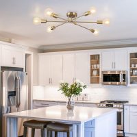 Gold Half-Flush Mount Ceiling Light, 6 Lamps, Brass Modern Satellite Chandelier Light,