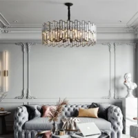 600mm Farmhouse Crystal Chandelier | Black Cylinder Drum Shade Crystal Chandelier