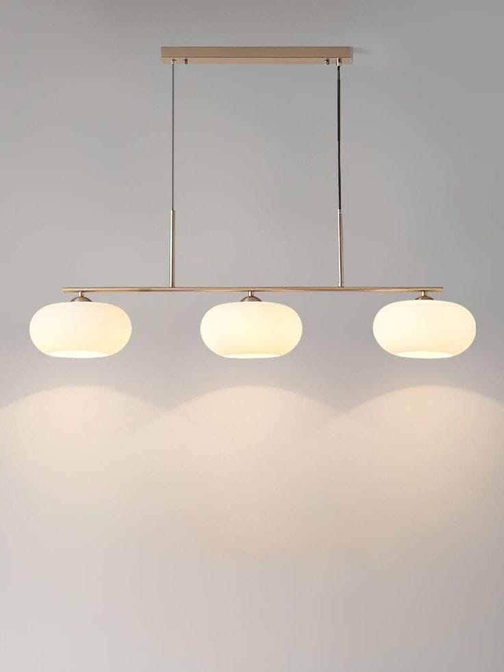 Modern Mid-Century Gold 3-Light Milk Glass Linear Pendant [Chandelier). - Image 5