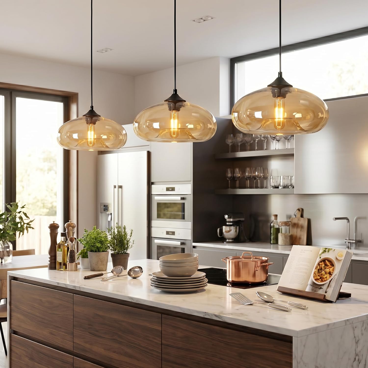 28cm Amber Glass Lampshade | Industrial Vintage Loft Bar E27 Ceiling Hanging Lamp for Kitchen and Dining Room - Image 2