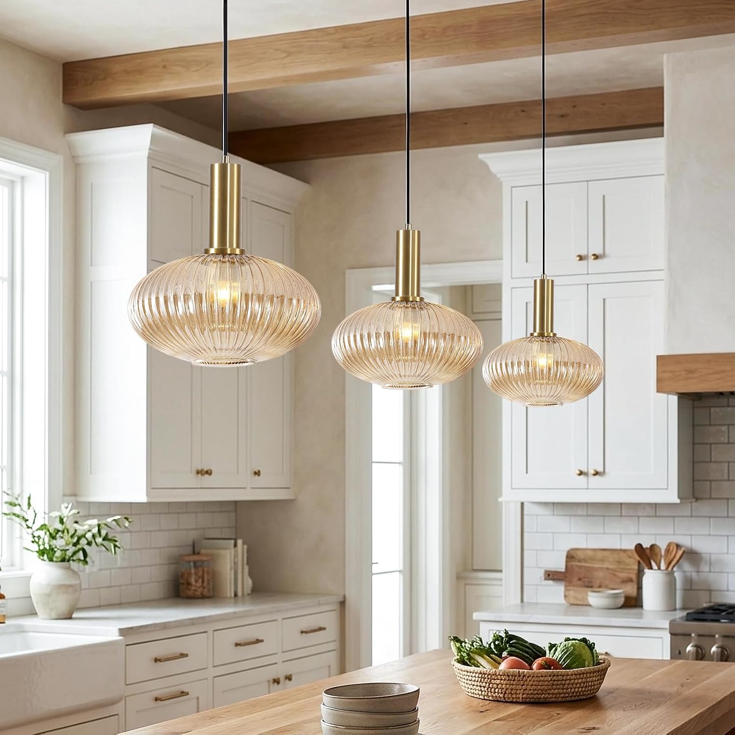 Modern Gold Globe Pendant Lamp |Century Antique Brass Dining Pendant Light |Amber Glass Farmhouse Pendant - Image 2
